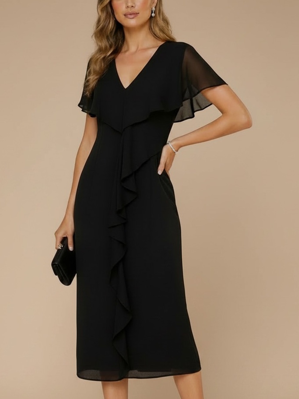 NWT ADRIANNA PAPELL Black Short Sleeve V-Neck Ruffle Sheath Dress Size 10